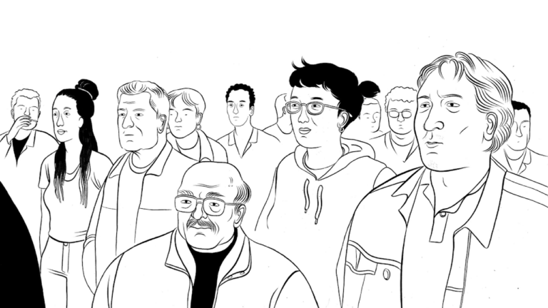 Drawn black-white picture of group of people