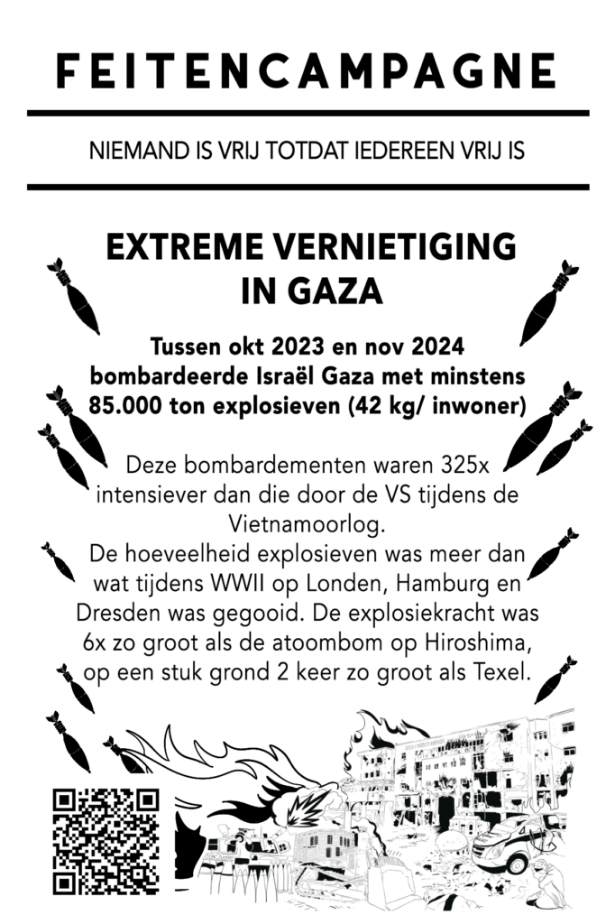 EXTREME VERNIETIGING IN GAZA Tussen okt 2023 en nov 2024 bombardeerde Israël Gaza met minstens 85.000 ton explosieven (42 kg/ inwoner) Deze bombardementen waren 325x intensiever dan die door de VS tijdens de Vietnamoorlog. De hoeveelheid explosieven was meer dan wat tijdens WWII op Londen, Hamburg en Dresden was gegooid. De explosiekracht was 6x zo groot als de atoombom op Hiroshima, op een stuk grond 2 keer zo groot als Texel.